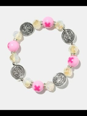 Saint Benedict Religious Pink Bead & Medal Stretch Bracelet BNIB